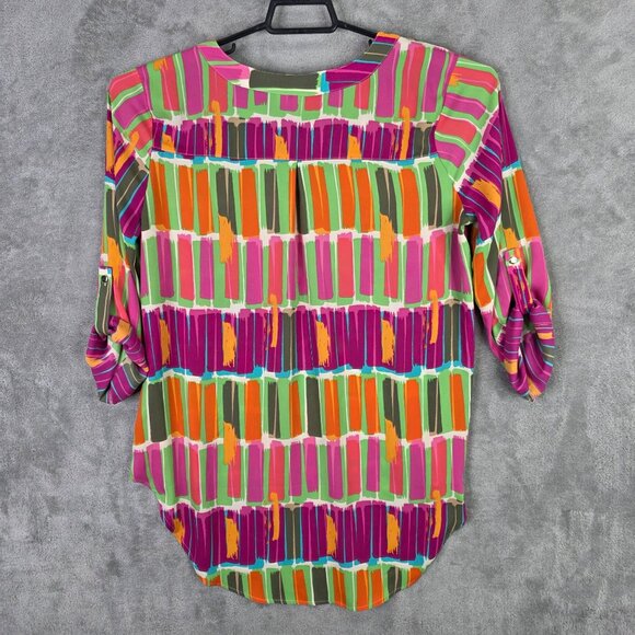 Womens Cato Multicolor Abstract Print Blouse 100% Polyester Roll Tab Sleeves L - Picture 6 of 10